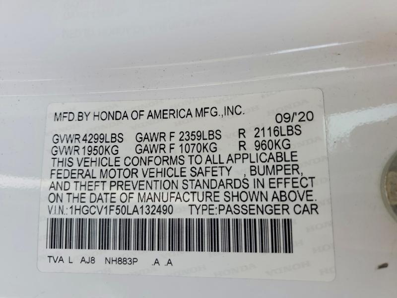 Продаж на аукціоні авто 2020 Honda Accord, vin: 1HGCV1F50LA132490, номер лоту: 54745826