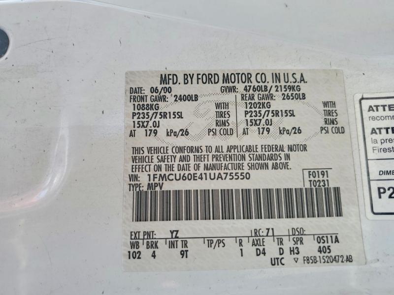 52008176 :رقم المزاد ، 1FMCU60E41UA75550 vin ، 2001 Ford Explorer مزاد بيع