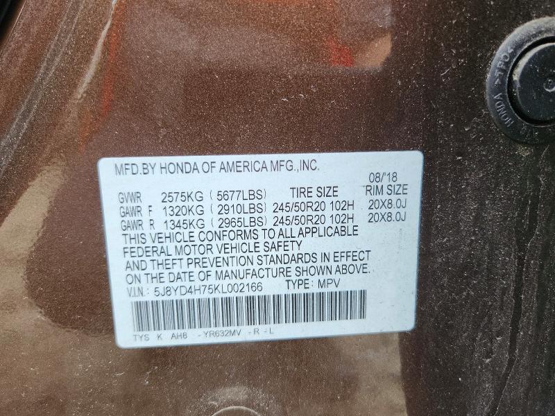 53698206 :رقم المزاد ، 5J8YD4H75KL002166 vin ، 2019 Acura Mdx مزاد بيع