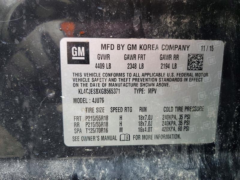 2016 Buick Encore მანქანა იყიდება აუქციონზე, vin: KL4CJESBXGB565371, აუქციონის ნომერი: 52154496