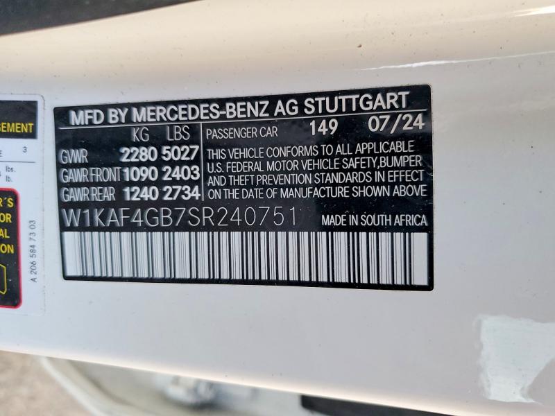 Aukcja sprzedaży 2025 Mercedes-benz C, vin: W1KAF4GB7SR240751, numer aukcji: 54083826