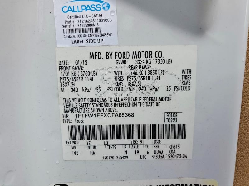55000766 :رقم المزاد ، 1FTFW1EFXCFA65368 vin ، 2012 Ford F150 مزاد بيع