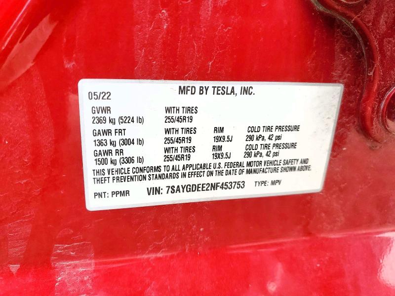 Продажа на аукционе авто 2022 Tesla Model Y, vin: 7SAYGDEE2NF453753, номер лота: 54236766