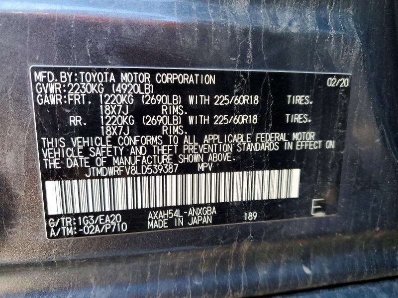 51466266 :رقم المزاد ، JTMDWRFV8LD539387 vin ، 2020 Toyota Rav4 مزاد بيع