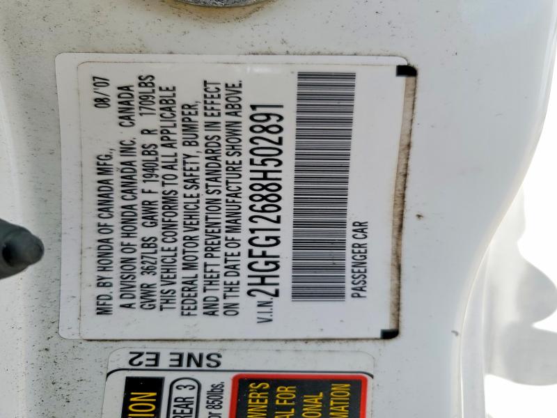 Aukcja sprzedaży 2008 Honda Civic, vin: 2HGFG12688H502891, numer aukcji: 53749396