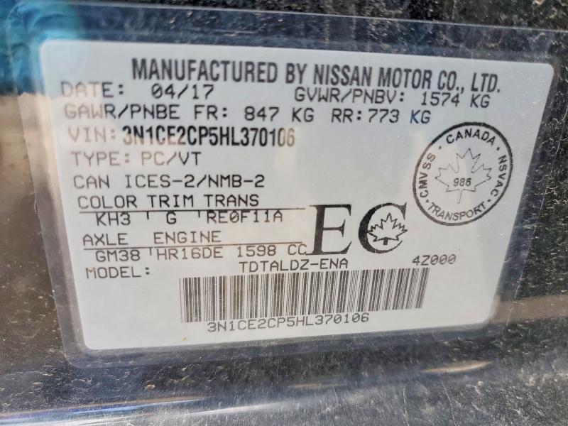 2017 Nissan Versa Note მანქანა იყიდება აუქციონზე, vin: 3N1CE2CP5HL370106, აუქციონის ნომერი: 54684856