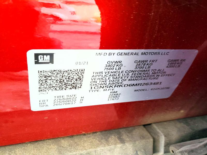 Продажа на аукционе авто 2021 Chevrolet Tahoe, vin: 1GNSKRKD6MR263481, номер лота: 52694376
