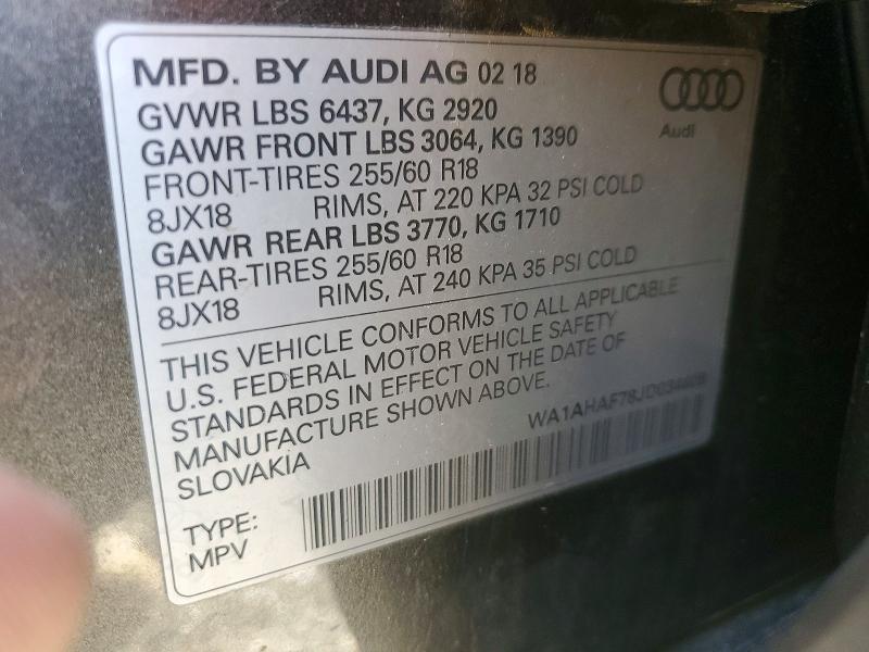 2018 Audi Q7 მანქანა იყიდება აუქციონზე, vin: WA1AHAF78JD034408, აუქციონის ნომერი: 51415886
