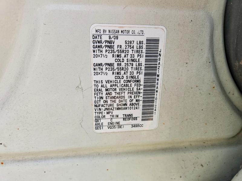 2010 Nissan Murano მანქანა იყიდება აუქციონზე, vin: JN8AZ1MW8AW101241, აუქციონის ნომერი: 55095266