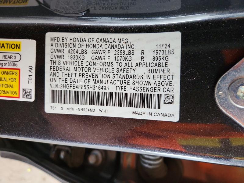 2025 Honda Civic მანქანა იყიდება აუქციონზე, vin: 2HGFE4F85SH316493, აუქციონის ნომერი: 54352996