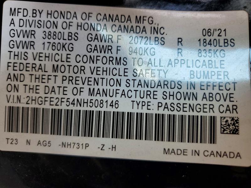 2022 Honda Civic მანქანა იყიდება აუქციონზე, vin: 2HGFE2F54NH508146, აუქციონის ნომერი: 54598576