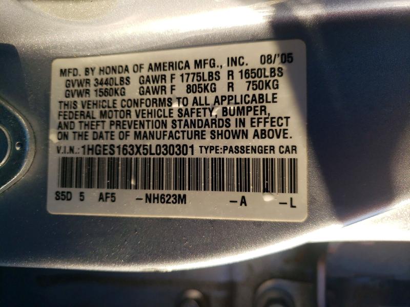Продаж на аукціоні авто 2005 Honda Civic, vin: 1HGES163X5L030301, номер лоту: 53439346
