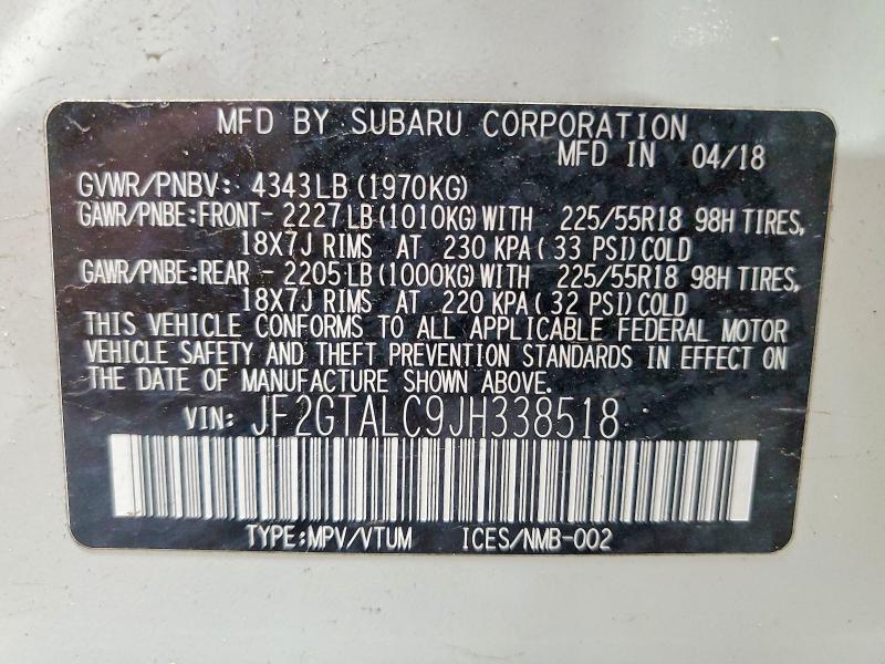 Aukcja sprzedaży 2018 Subaru Crosstrek, vin: JF2GTALC9JH338518, numer aukcji: 53974876
