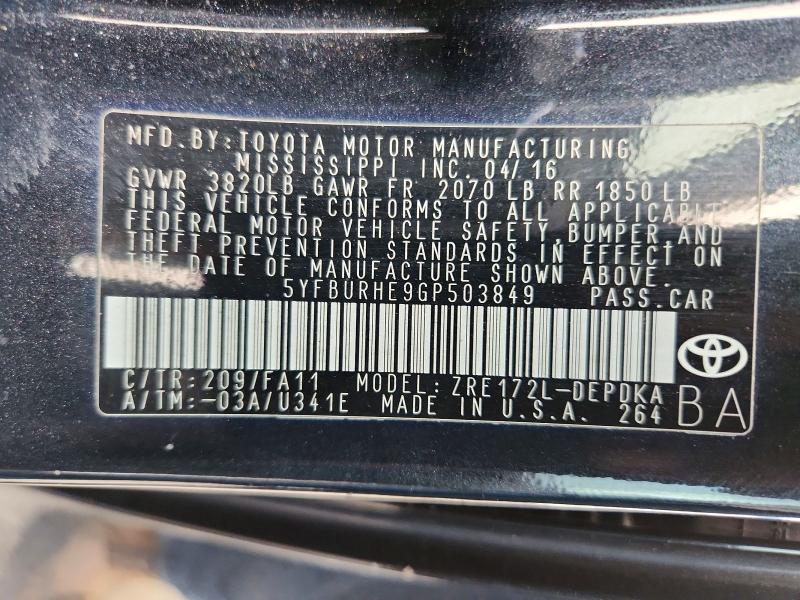 2016 Toyota Corolla მანქანა იყიდება აუქციონზე, vin: 5YFBURHE9GP503849, აუქციონის ნომერი: 54554916