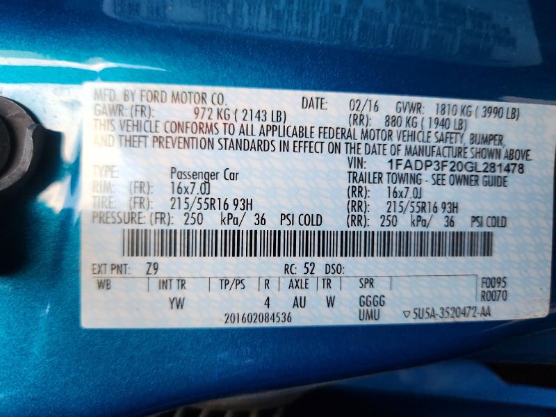 Aukcja sprzedaży 2016 Ford Focus, vin: 1FADP3F20GL281478, numer aukcji: 53742316