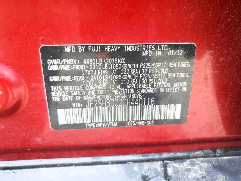 52478346 :رقم المزاد ، JF2SHBDC2CH440116 vin ، 2012 Subaru Forester مزاد بيع