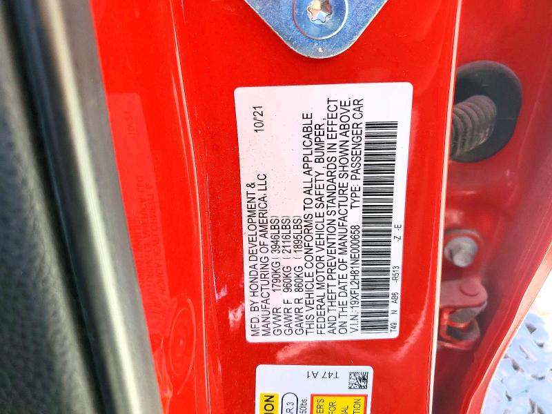52354766 :رقم المزاد ، 19XFL2H81NE000658 vin ، 2022 Honda Civic مزاد بيع