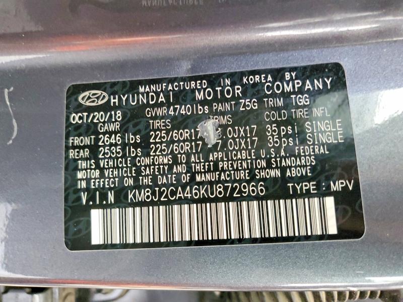 2019 Hyundai Tucson მანქანა იყიდება აუქციონზე, vin: KM8J2CA46KU872966, აუქციონის ნომერი: 54329246