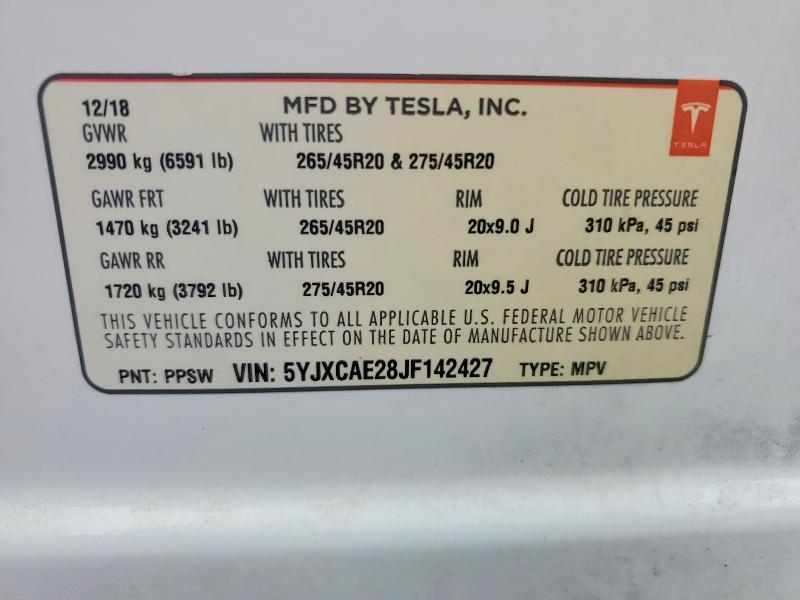 Aukcja sprzedaży 2018 Tesla Model X, vin: 5YJXCAE28JF142427, numer aukcji: 54396336