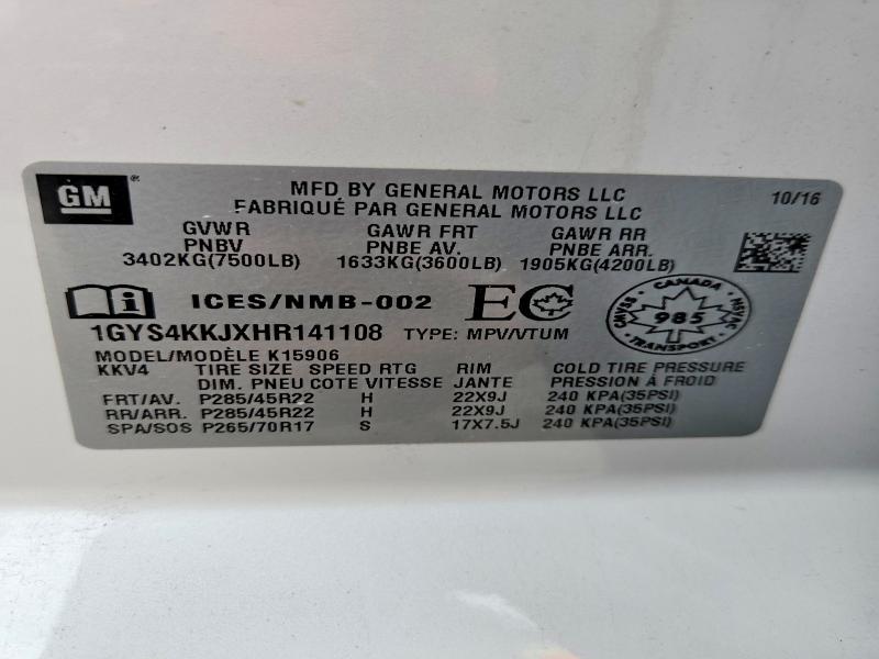2017 Cadillac Escalade მანქანა იყიდება აუქციონზე, vin: 1GYS4KKJXHR141108, აუქციონის ნომერი: 54258466