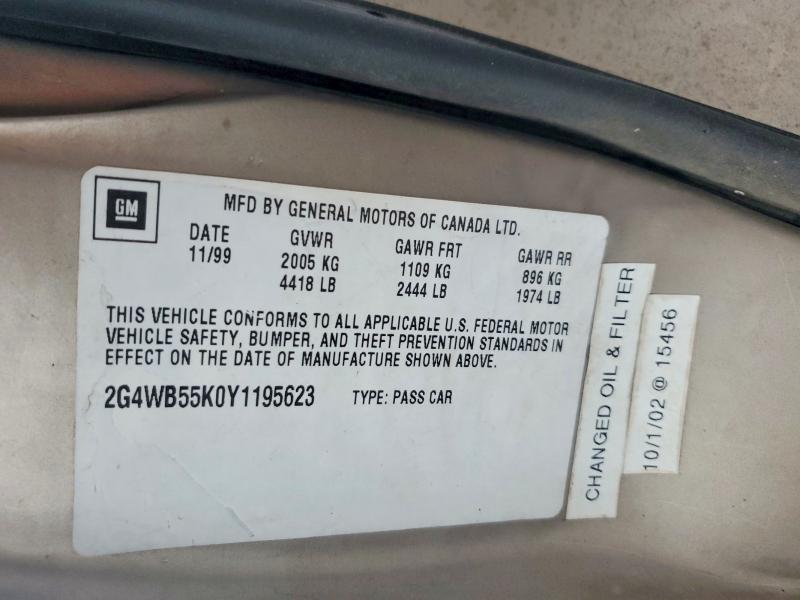 Продаж на аукціоні авто 2000 Buick Regal, vin: 2G4WB55K0Y1195623, номер лоту: 52414096