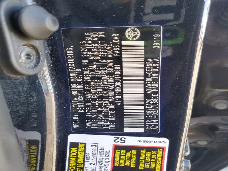 2019 Toyota Camry მანქანა იყიდება აუქციონზე, vin: 4T1B11HK3KU170684, აუქციონის ნომერი: 53530806
