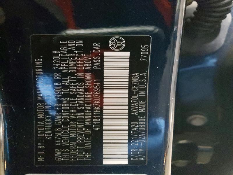 2019 Toyota Camry მანქანა იყიდება აუქციონზე, vin: 4T1B11HK7KU769541, აუქციონის ნომერი: 52474976