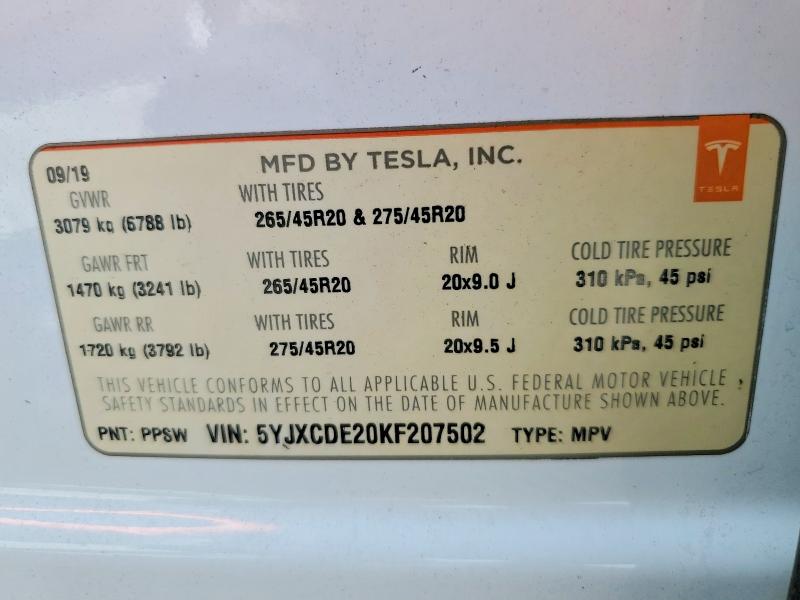 55024506 :رقم المزاد ، 5YJXCDE20KF207502 vin ، 2019 Tesla Model X مزاد بيع