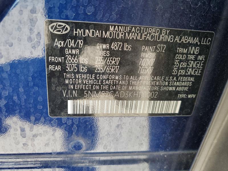 Aukcja sprzedaży 2019 Hyundai Santa Fe, vin: 5NMS2CAD3KH110002, numer aukcji: 54335056