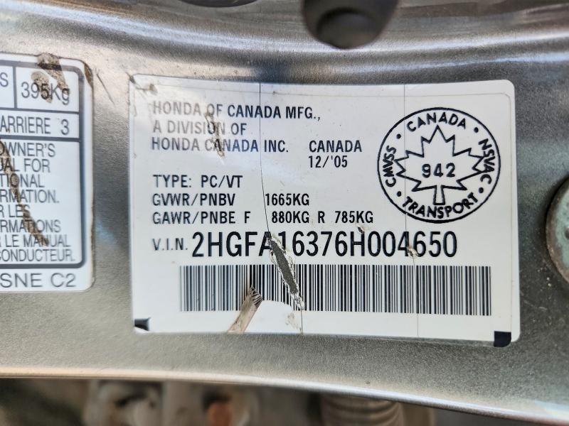 Auction sale of the 2006 Honda Civic, vin: 2HGFA16376H004650, lot number: 52414816