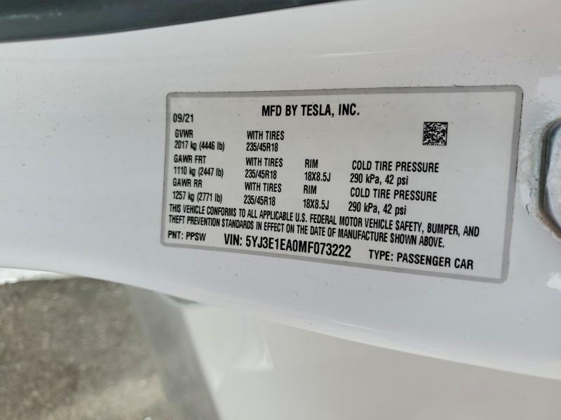 Продаж на аукціоні авто 2021 Tesla Model 3, vin: 5YJ3E1EA0MF073222, номер лоту: 52357706