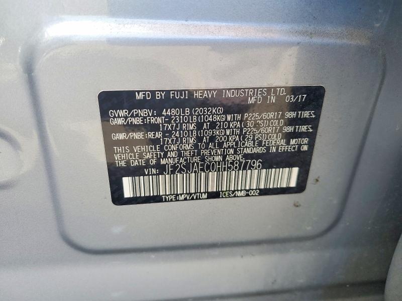 2017 Subaru Forester მანქანა იყიდება აუქციონზე, vin: JF2SJAEC0HH587796, აუქციონის ნომერი: 52729466