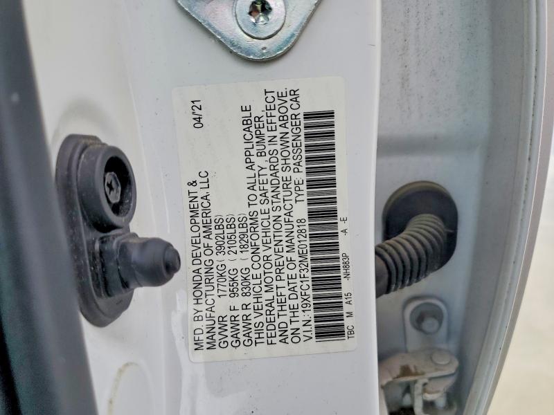 2021 Honda Civic მანქანა იყიდება აუქციონზე, vin: 19XFC1F32ME012818, აუქციონის ნომერი: 55252996