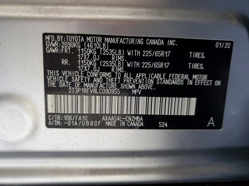 54102986 :رقم المزاد ، 2T3P1RFV8LC090955 vin ، 2020 Toyota Rav4 مزاد بيع