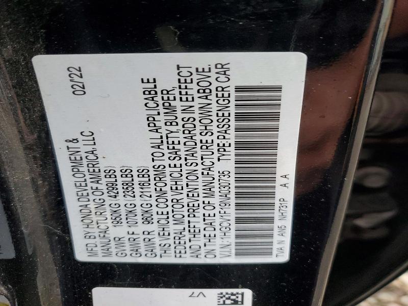 Продаж на аукціоні авто 2022 Honda Accord, vin: 1HGCV1F19NA030735, номер лоту: 53738156