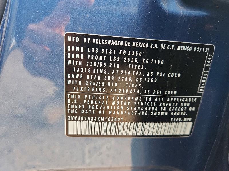 52229656 :رقم المزاد ، 3VV3B7AX4KM102401 vin ، 2019 Volkswagen Tiguan مزاد بيع