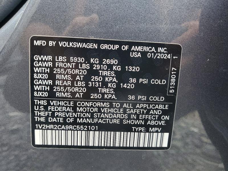 55008336 :رقم المزاد ، 1V2HR2CA9RC552101 vin ، 2024 Volkswagen Atlas مزاد بيع