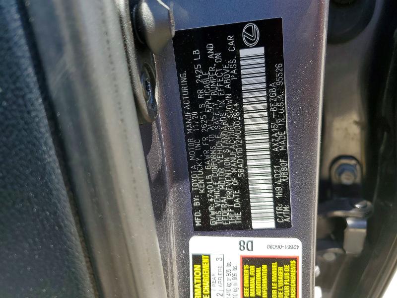 Aukcja sprzedaży 2021 Lexus Es 250, vin: 58AD11D12MU002844, numer aukcji: 51900596