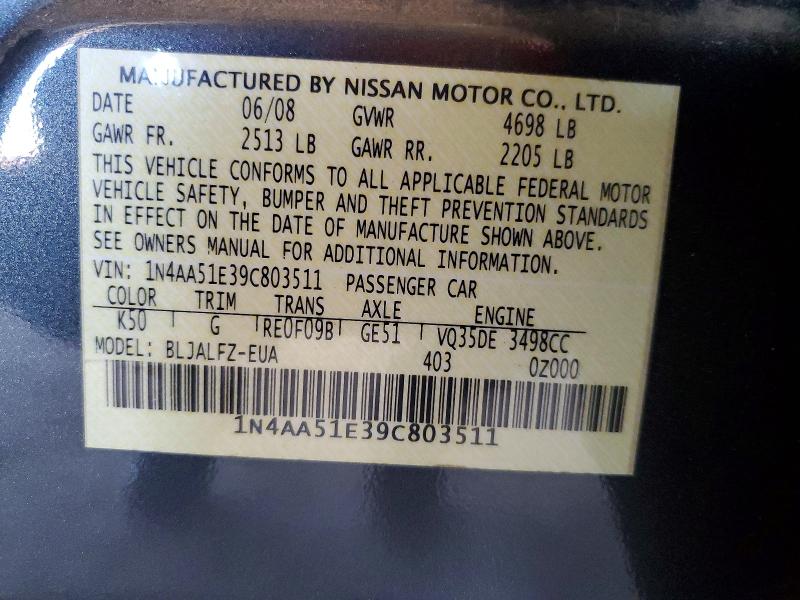 Продажа на аукционе авто 2009 Nissan Maxima, vin: 1N4AA51E39C803511, номер лота: 51929676