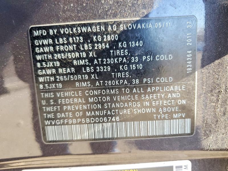 52831596 :رقم المزاد ، WVGFF9BP5BD006746 vin ، 2011 Volkswagen Touareg مزاد بيع