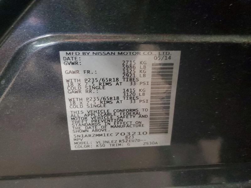 55582006 :رقم المزاد ، 5N1AR2MM1EC703210 vin ، 2014 Nissan Pathfinder مزاد بيع