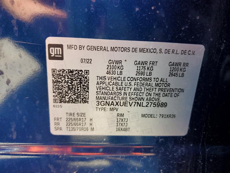 54623936 :رقم المزاد ، 3GNAXUEV7NL275989 vin ، 2022 Chevrolet Equinox مزاد بيع