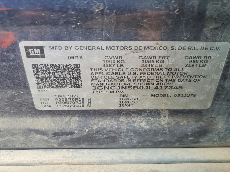 Aukcja sprzedaży 2018 Chevrolet Trax, vin: 3GNCJNSB0JL417345, numer aukcji: 54634886