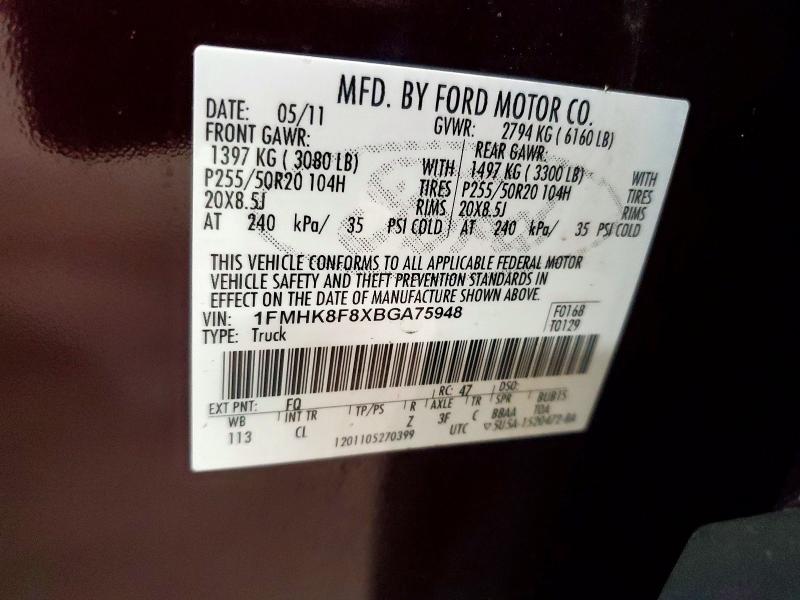 52891056 :رقم المزاد ، 1FMHK8F8XBGA75948 vin ، 2011 Ford Explorer مزاد بيع