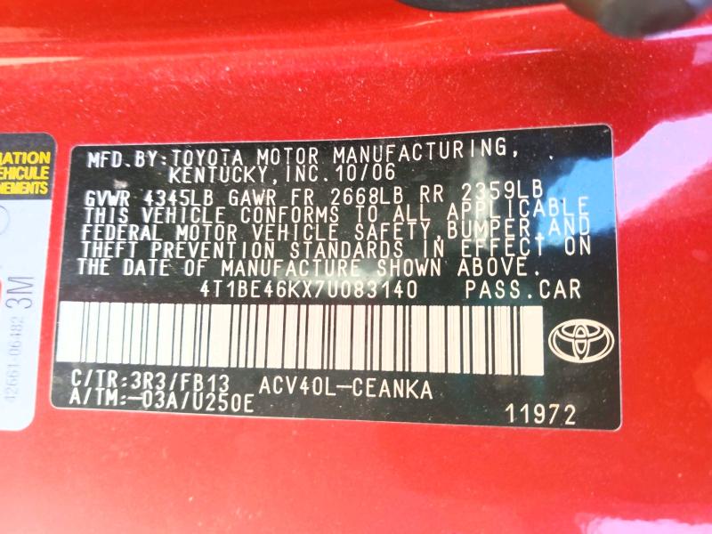 Aukcja sprzedaży 2007 Toyota Camry, vin: 4T1BE46KX7U083140, numer aukcji: 51546476