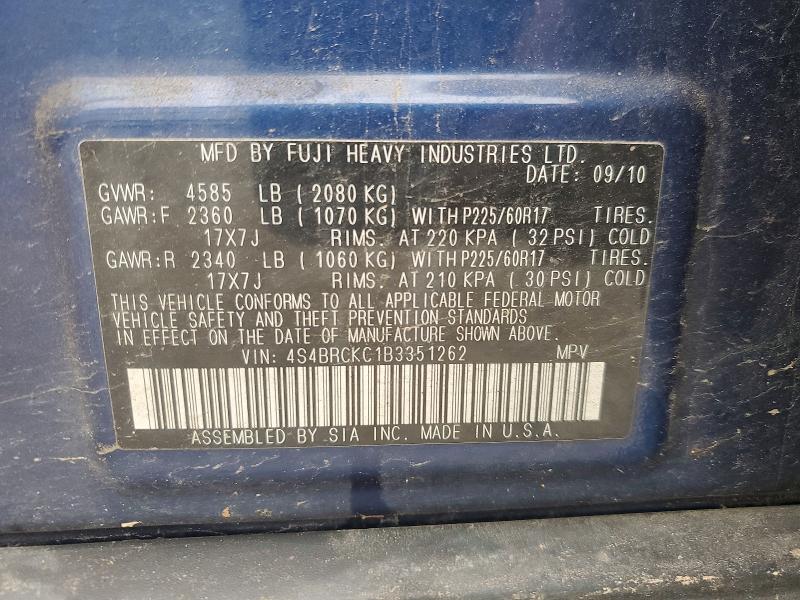 Aukcja sprzedaży 2011 Subaru Outback, vin: 4S4BRCKC1B3351262, numer aukcji: 54344776