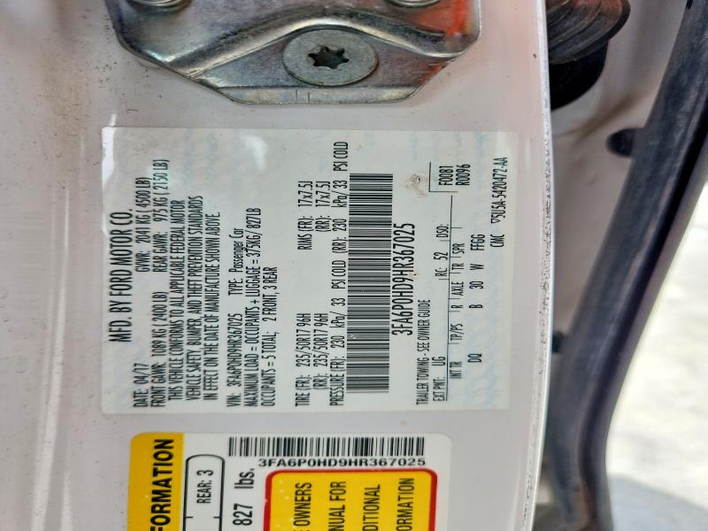 Aukcja sprzedaży 2017 Ford Fusion, vin: 3FA6P0HD9HR367025, numer aukcji: 53668316
