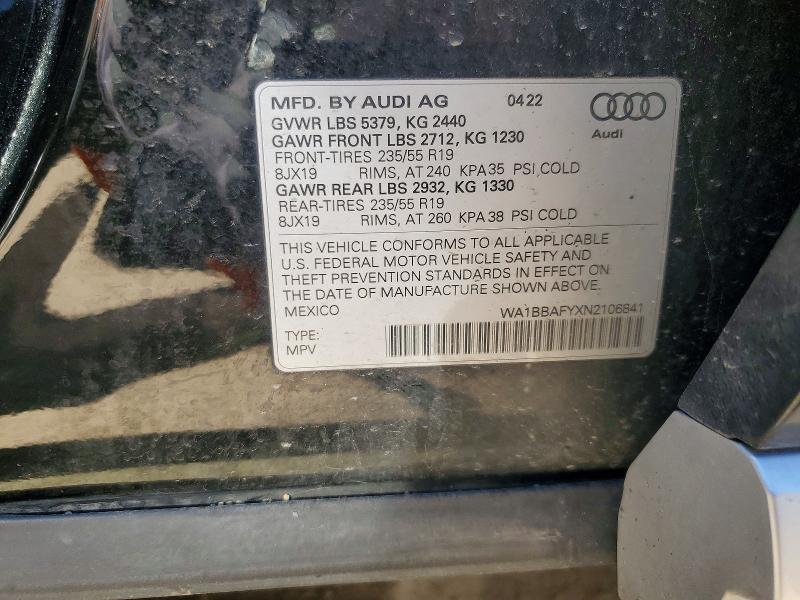 Aukcja sprzedaży 2022 Audi Q5, vin: WA1BBAFYXN2106841, numer aukcji: 52234166
