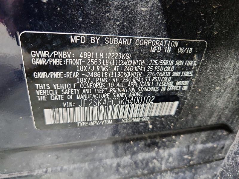 2019 Subaru Forester მანქანა იყიდება აუქციონზე, vin: JF2SKAPC3KH400102, აუქციონის ნომერი: 52651106