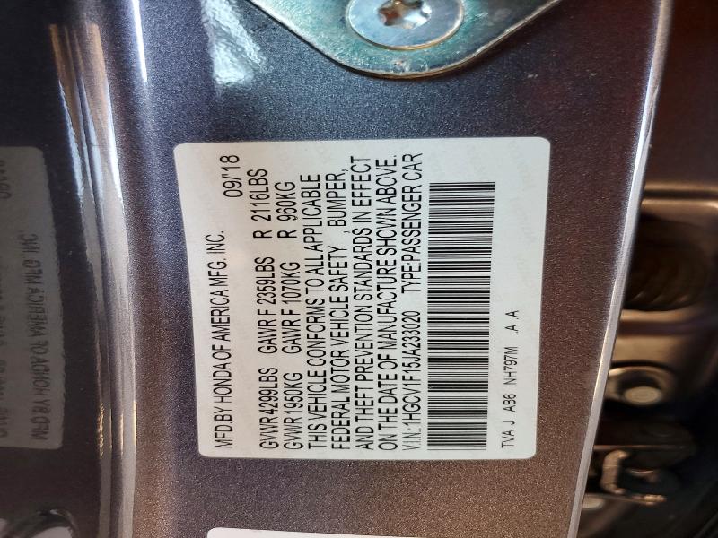 53657296 :رقم المزاد ، 1HGCV1F15JA233020 vin ، 2018 Honda Accord مزاد بيع